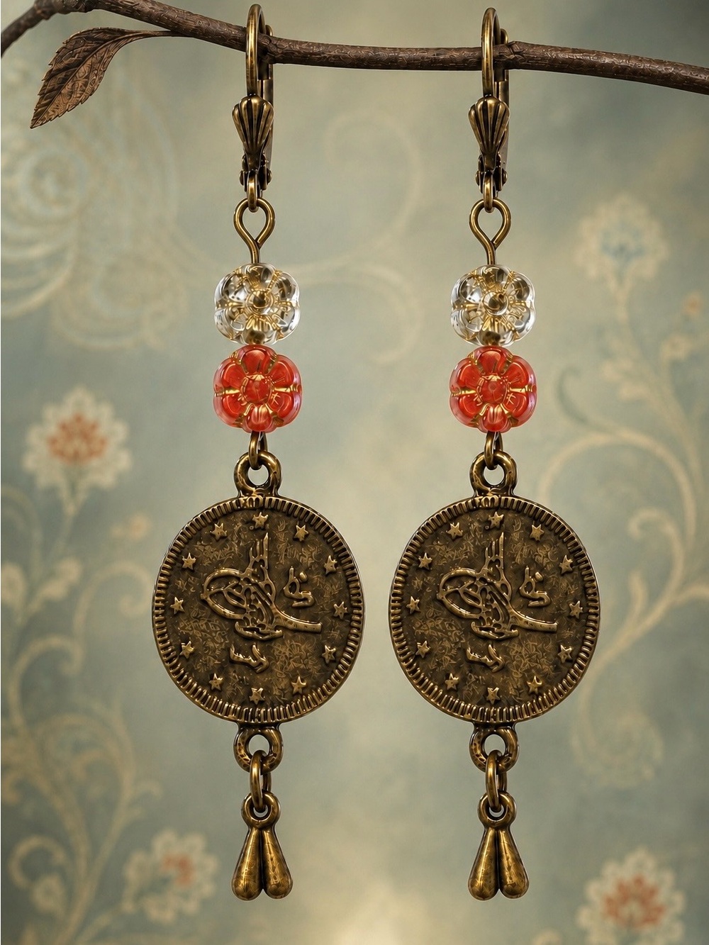 Handmade Turkish Ottoman Tughra Coin Earrings, Czech Glass Flowers